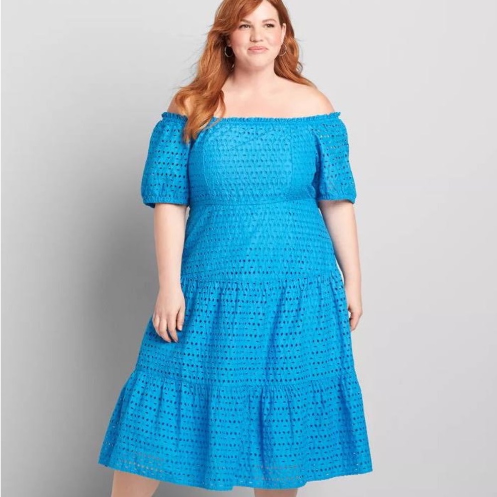 Lane Bryant French Blue Eyelet off the shoulder tiered dress, size 22
